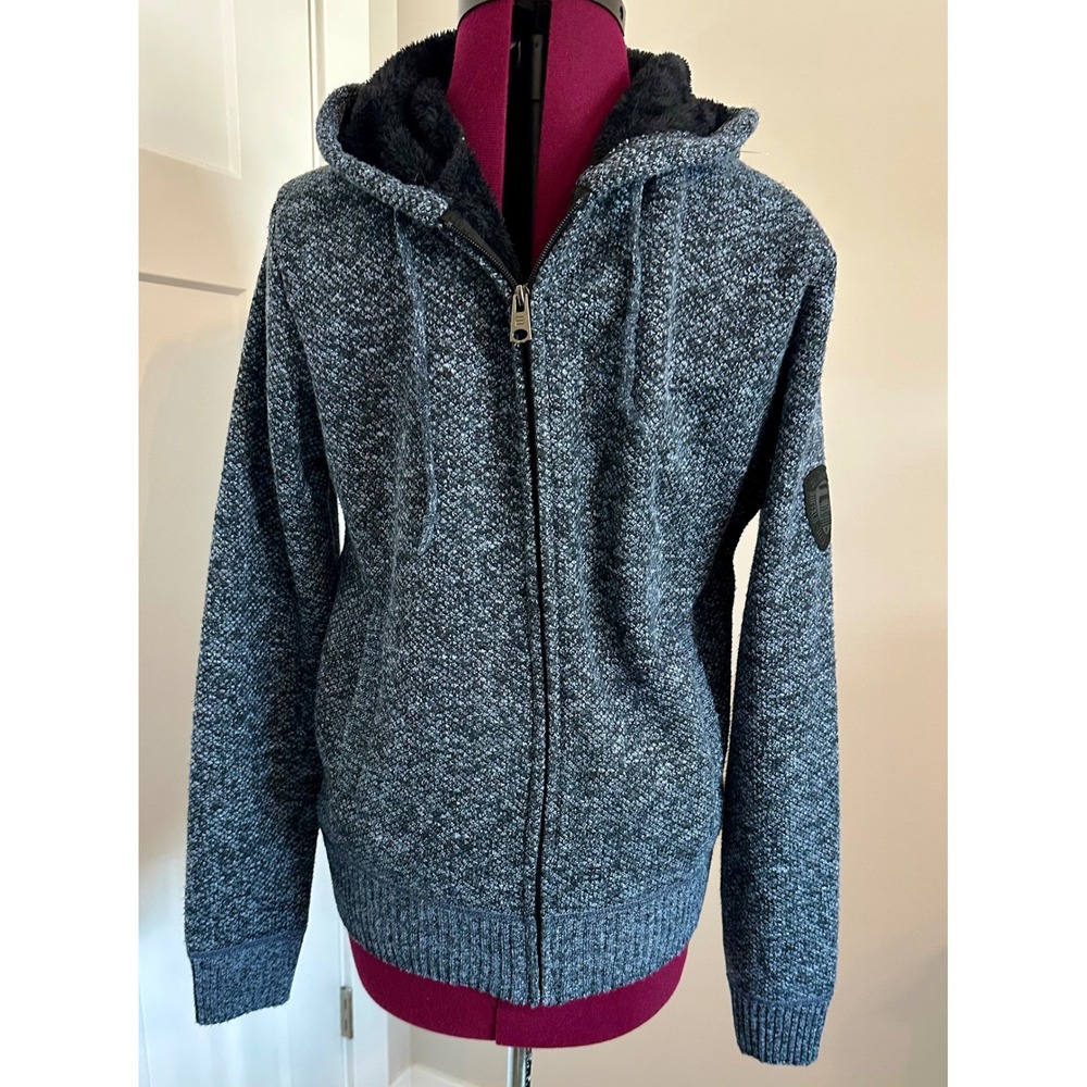 NWT Buffalo David Bitton Mens Blue Faux Fur Lined Full Zip Knit Hoodie Sweater M